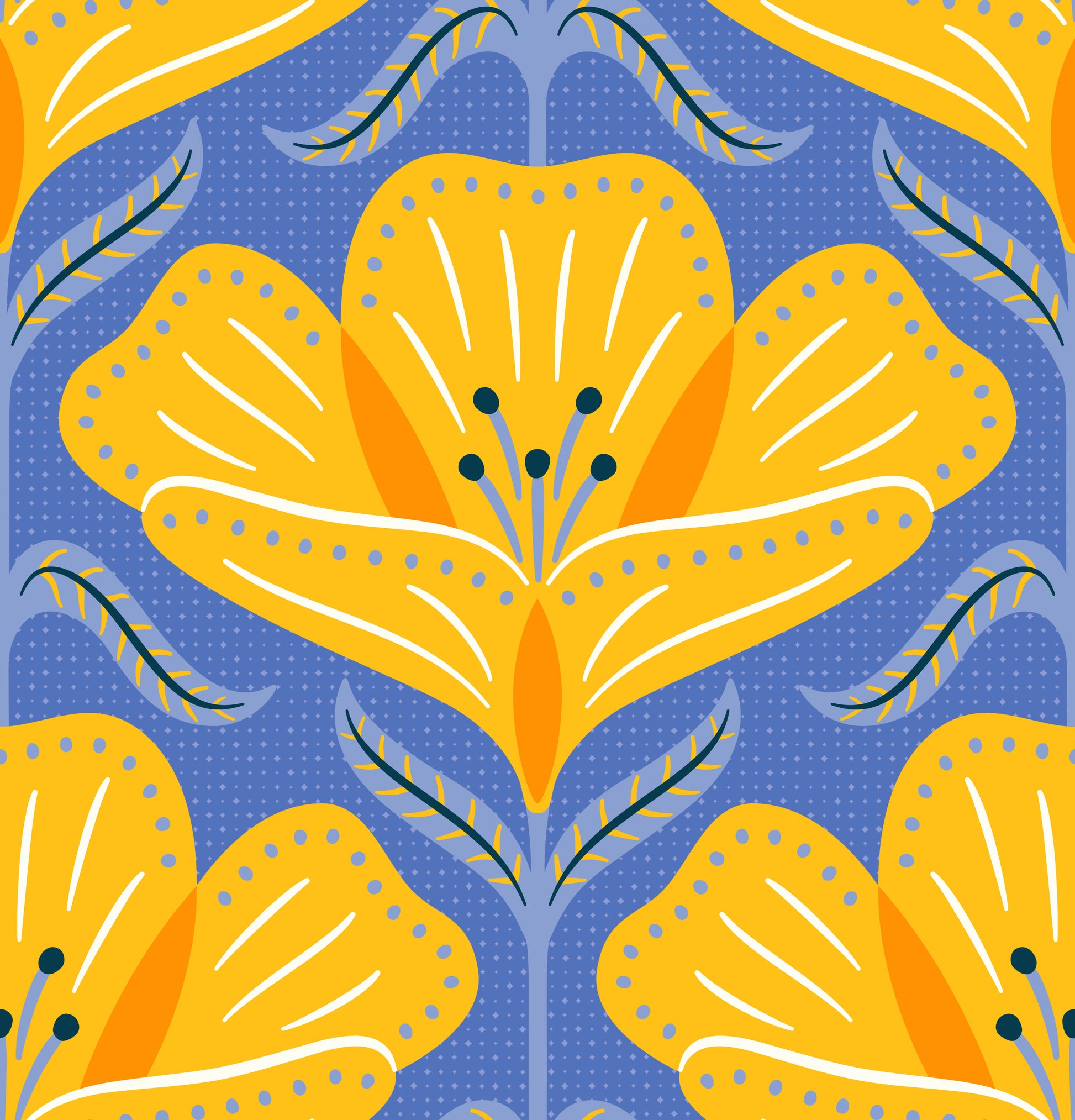 Pattern of yellow flowers on a blue background