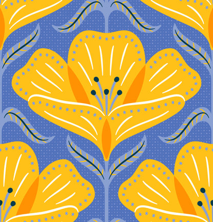 Pattern of yellow flowers on a blue background