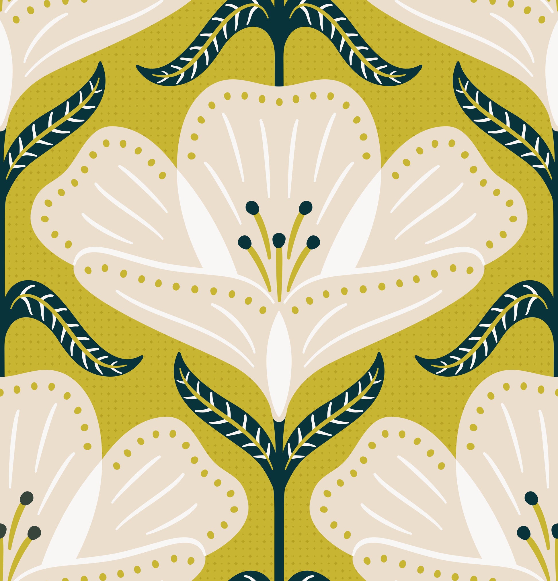 Decorative pattern with white flowers and green leaves on a green background