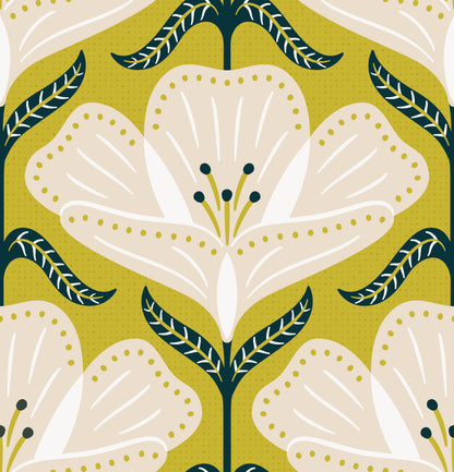 Decorative pattern with white flowers and green leaves on a green background