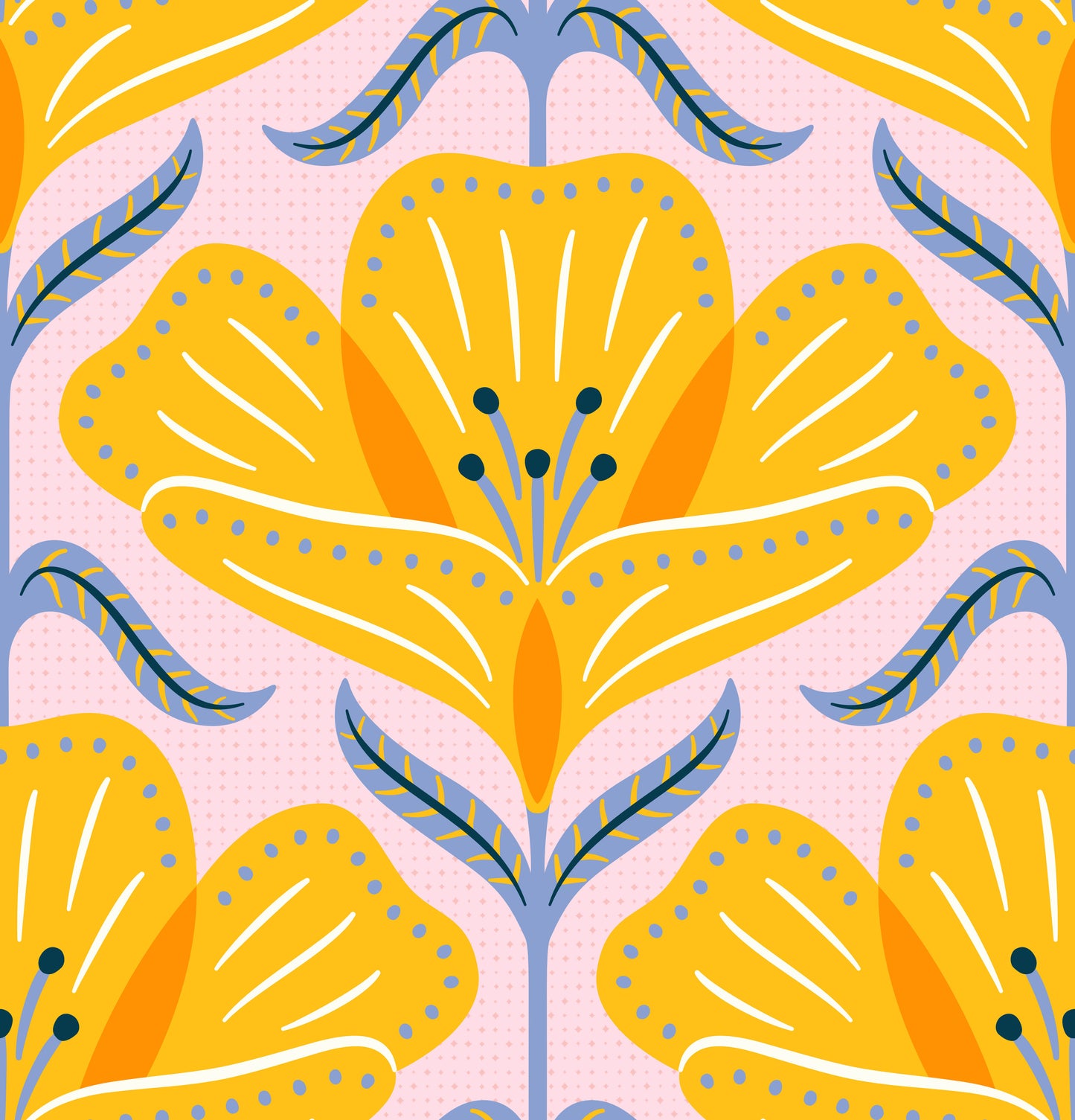 Pattern of yellow flowers with blue accents on a pink background