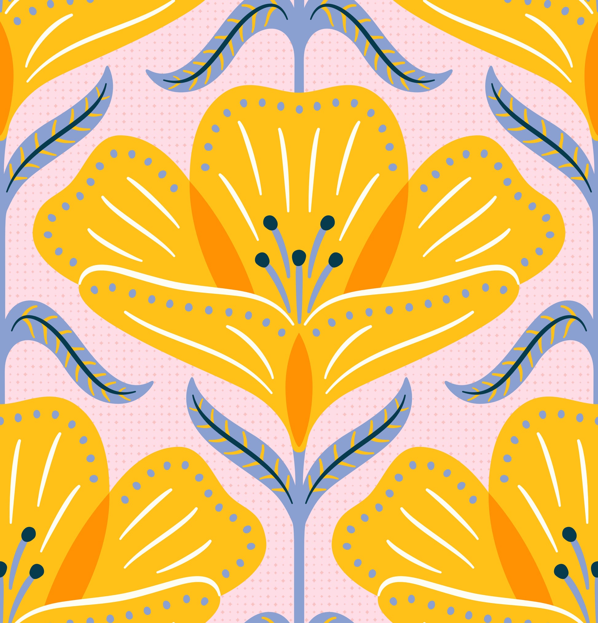 Pattern of yellow flowers with blue accents on a pink background