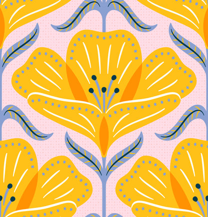 Pattern of yellow flowers with blue accents on a pink background