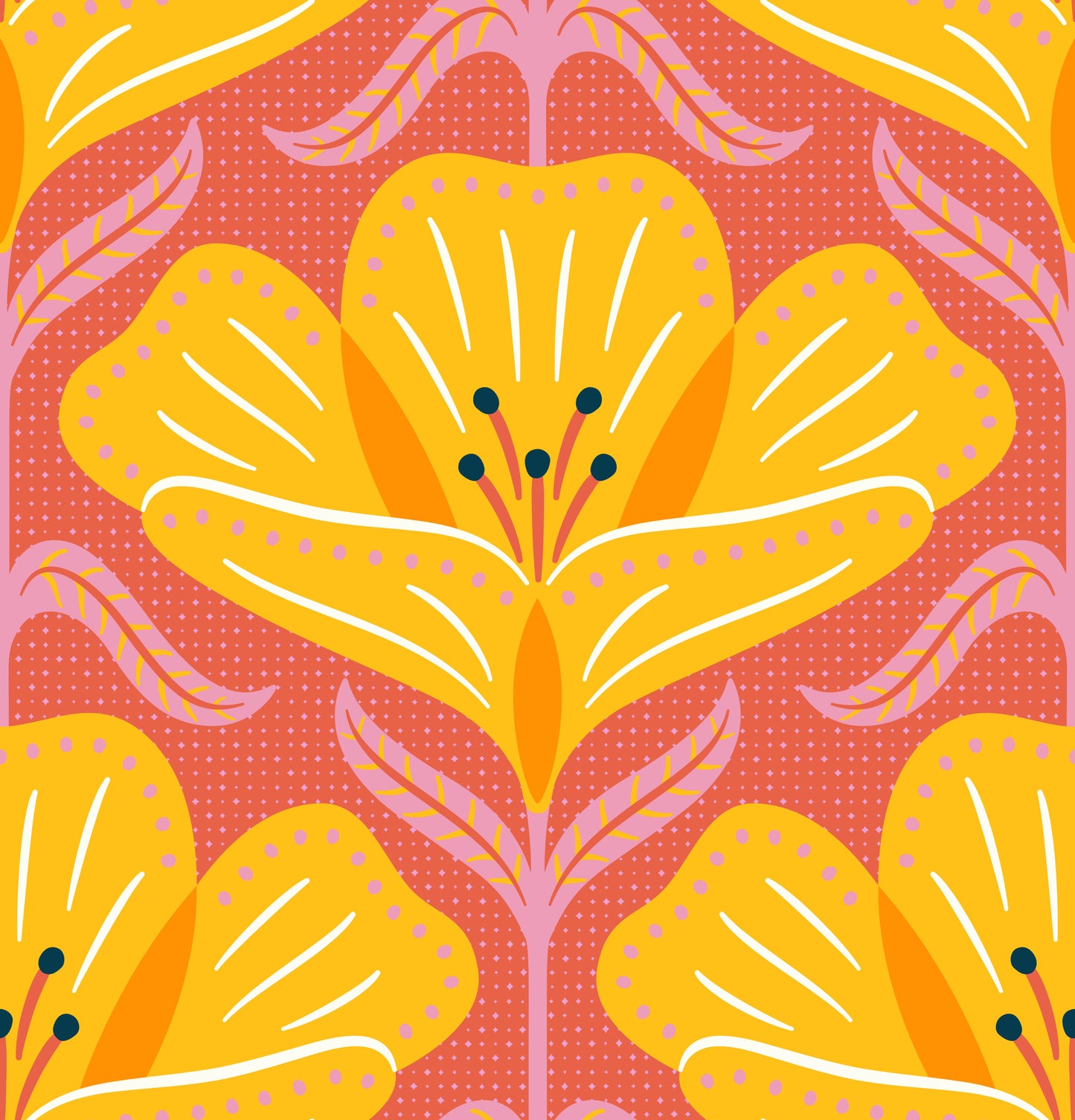 Decorative pattern with yellow flowers on a pink background