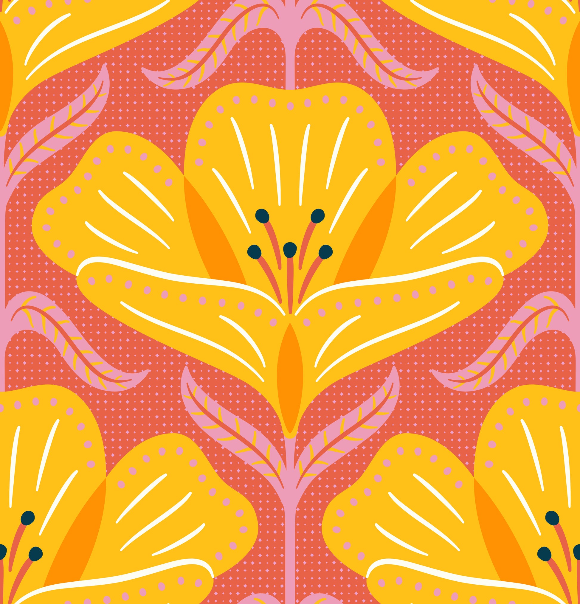 Decorative pattern with yellow flowers on a pink background