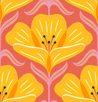 Decorative pattern with yellow flowers on a pink background