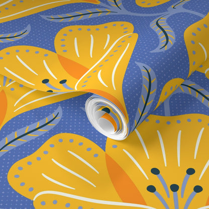 Roll of paper with yellow floral pattern on a blue background