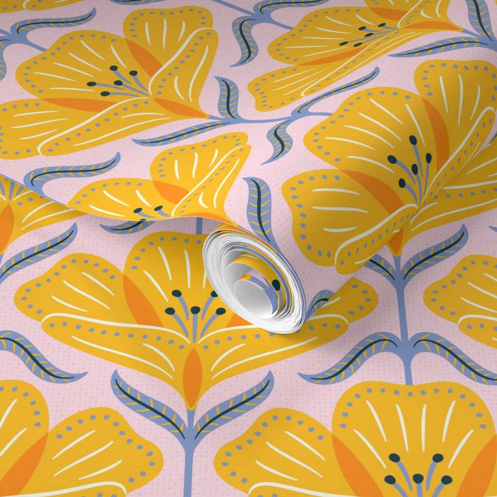 Patterned fabric with yellow floral design on a pink background