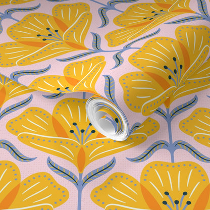 Patterned fabric with yellow floral design on a pink background