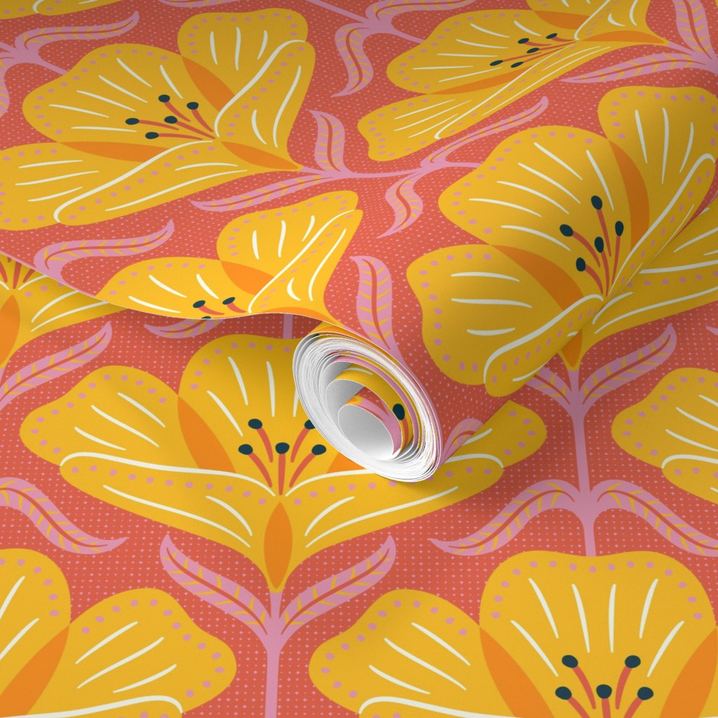 Roll of wallpaper with yellow and red floral patterns