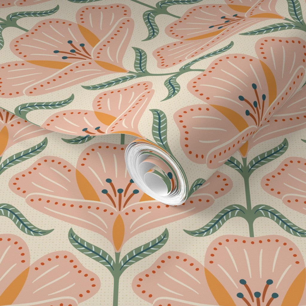 Floral patterned wallpaper with a roll of paper visible