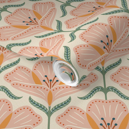Floral patterned wallpaper with a roll of paper visible