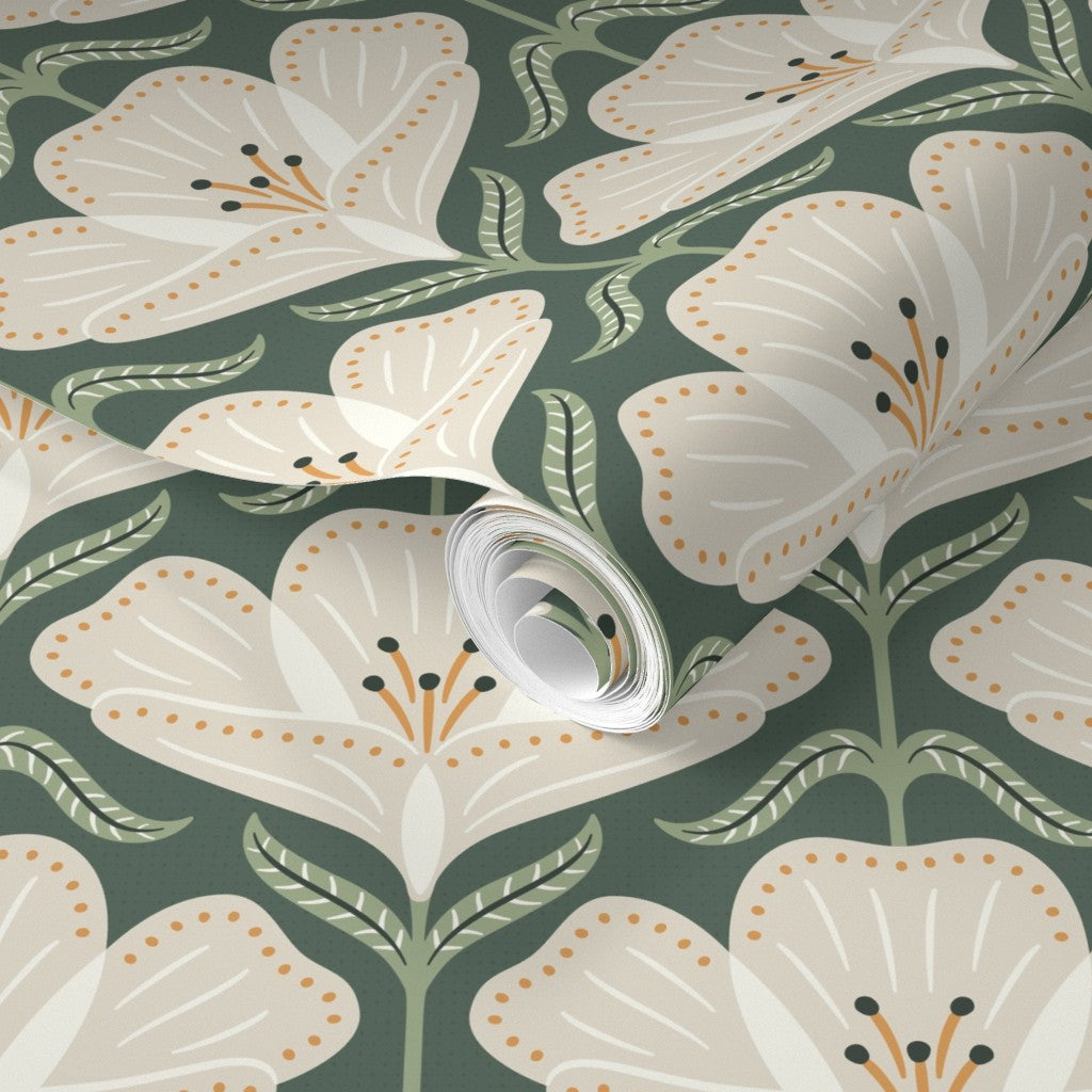 Floral pattern with white flowers and green leaves on a dark green background