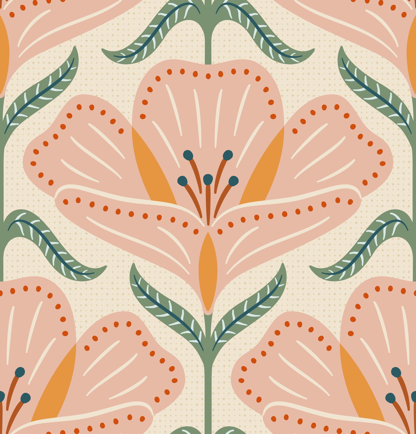 Pattern of pink flowers with green leaves on a beige background