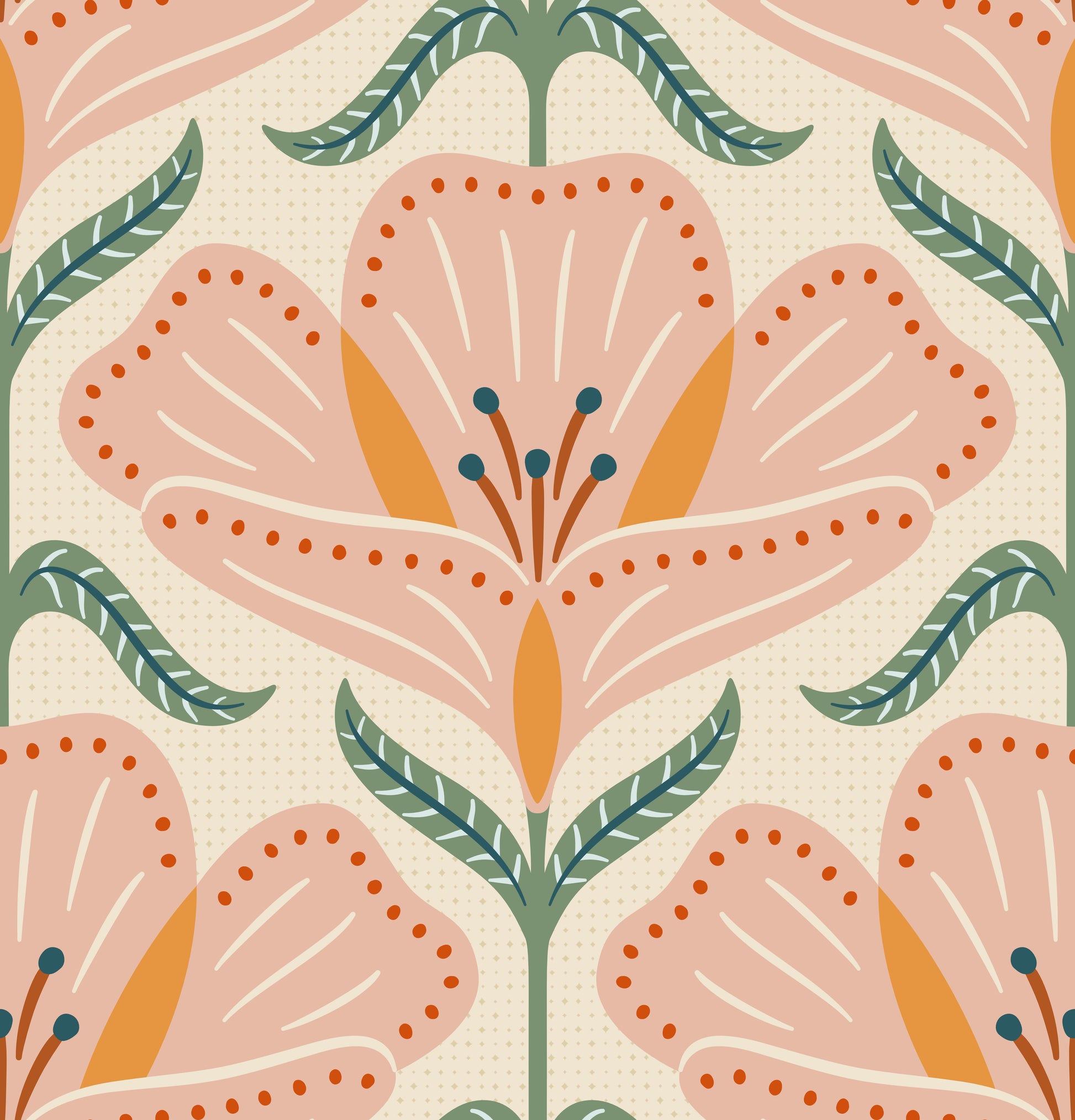 Pattern of pink flowers with green leaves on a beige background