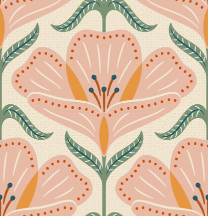 Pattern of pink flowers with green leaves on a beige background