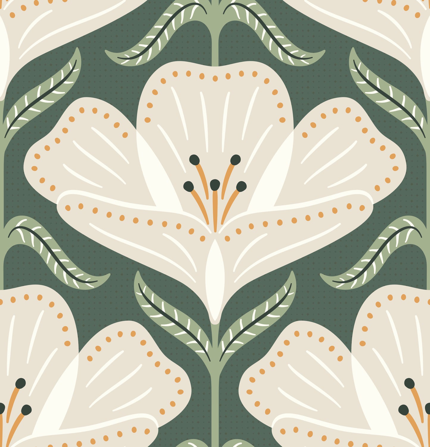 Decorative pattern of white flowers with green leaves on a dark green background
