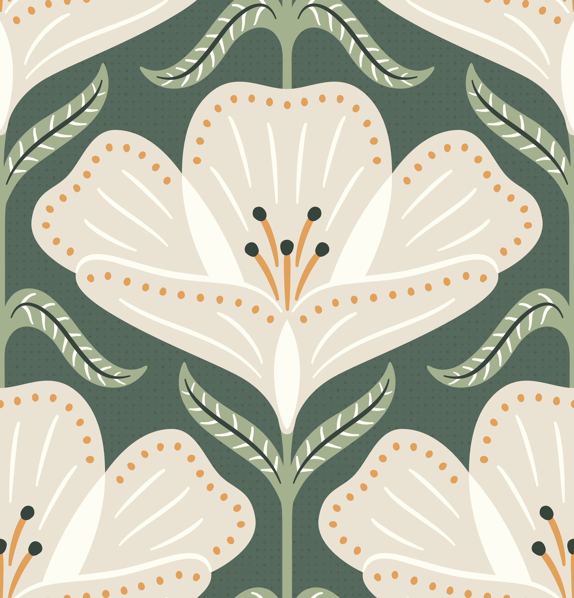 Decorative pattern of white flowers with green leaves on a dark green background