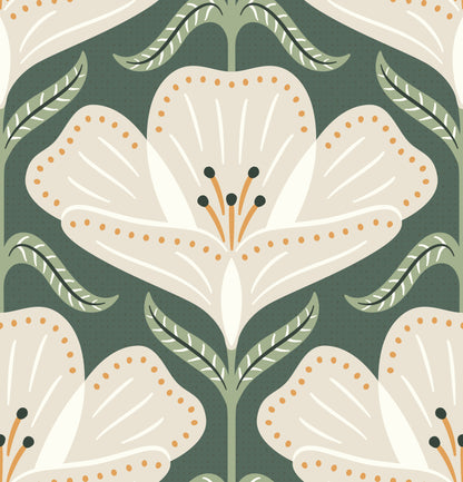 Decorative pattern of white flowers with green leaves on a dark green background