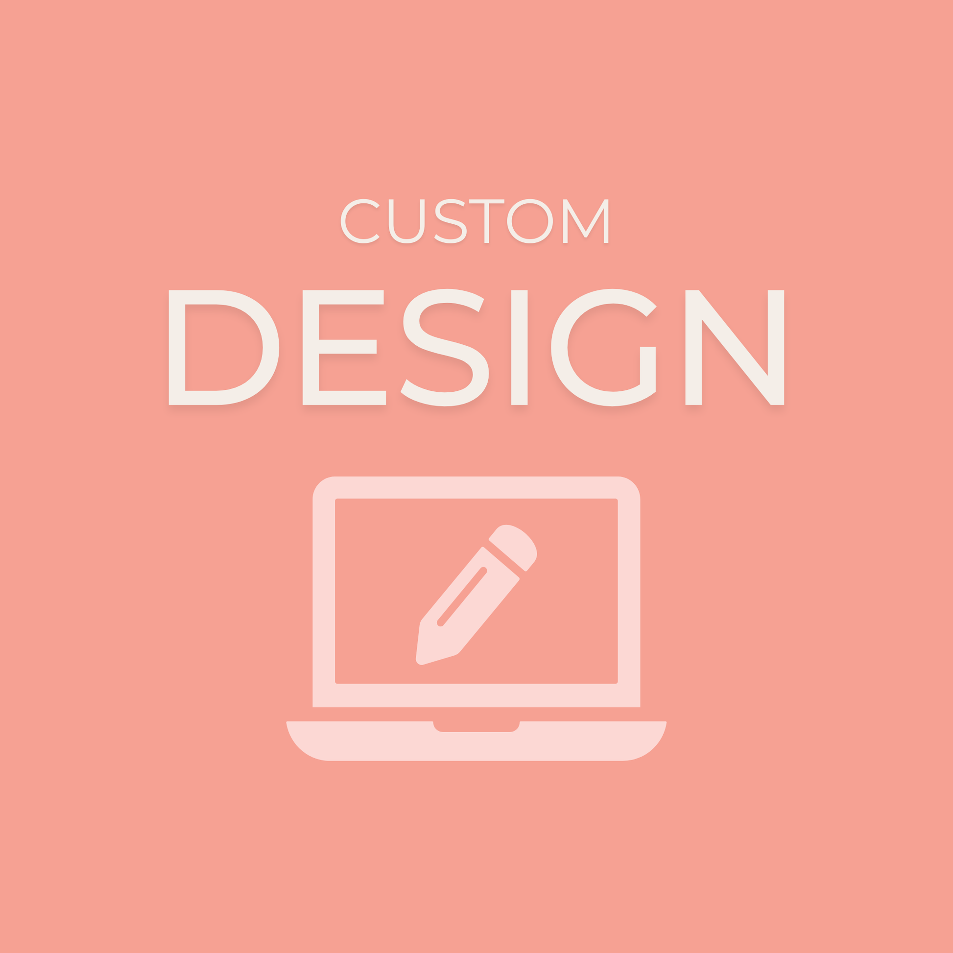 Pink background with 'Custom Design' text and a laptop icon.