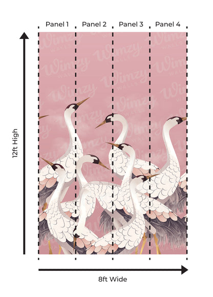 Wallpaper design with cranes on a pink background, showing dimensions.