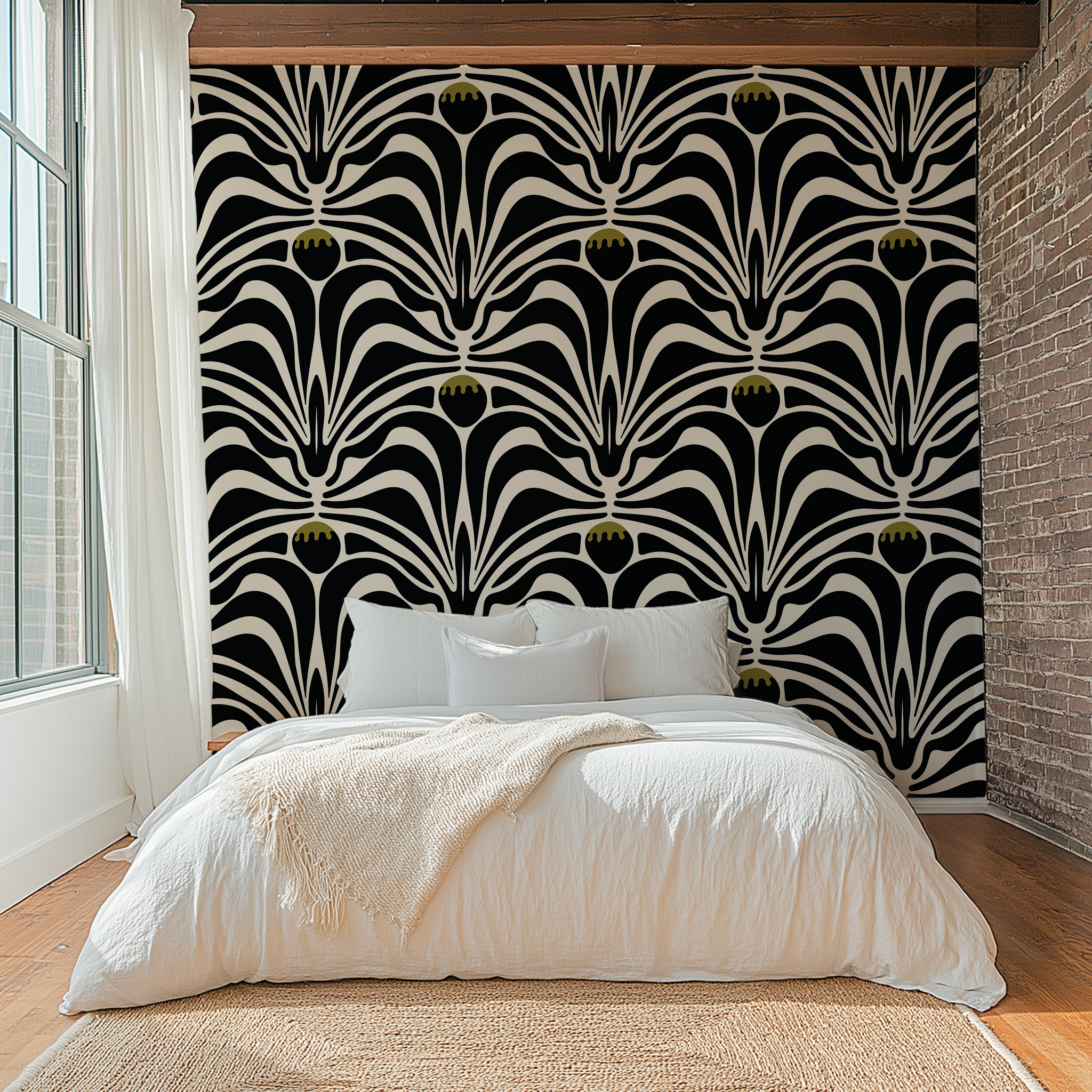 Bedroom with a decorative black and white patterned wall