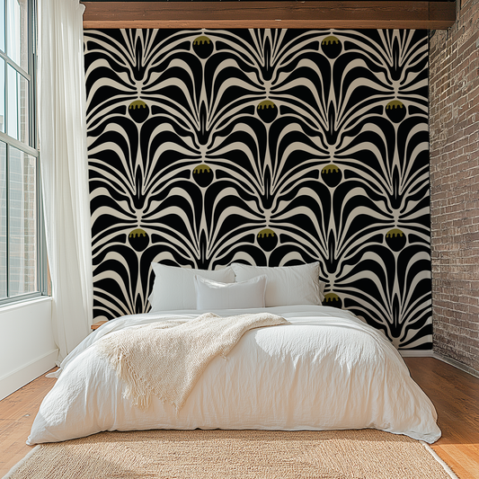 Bedroom with a decorative black and white patterned wall