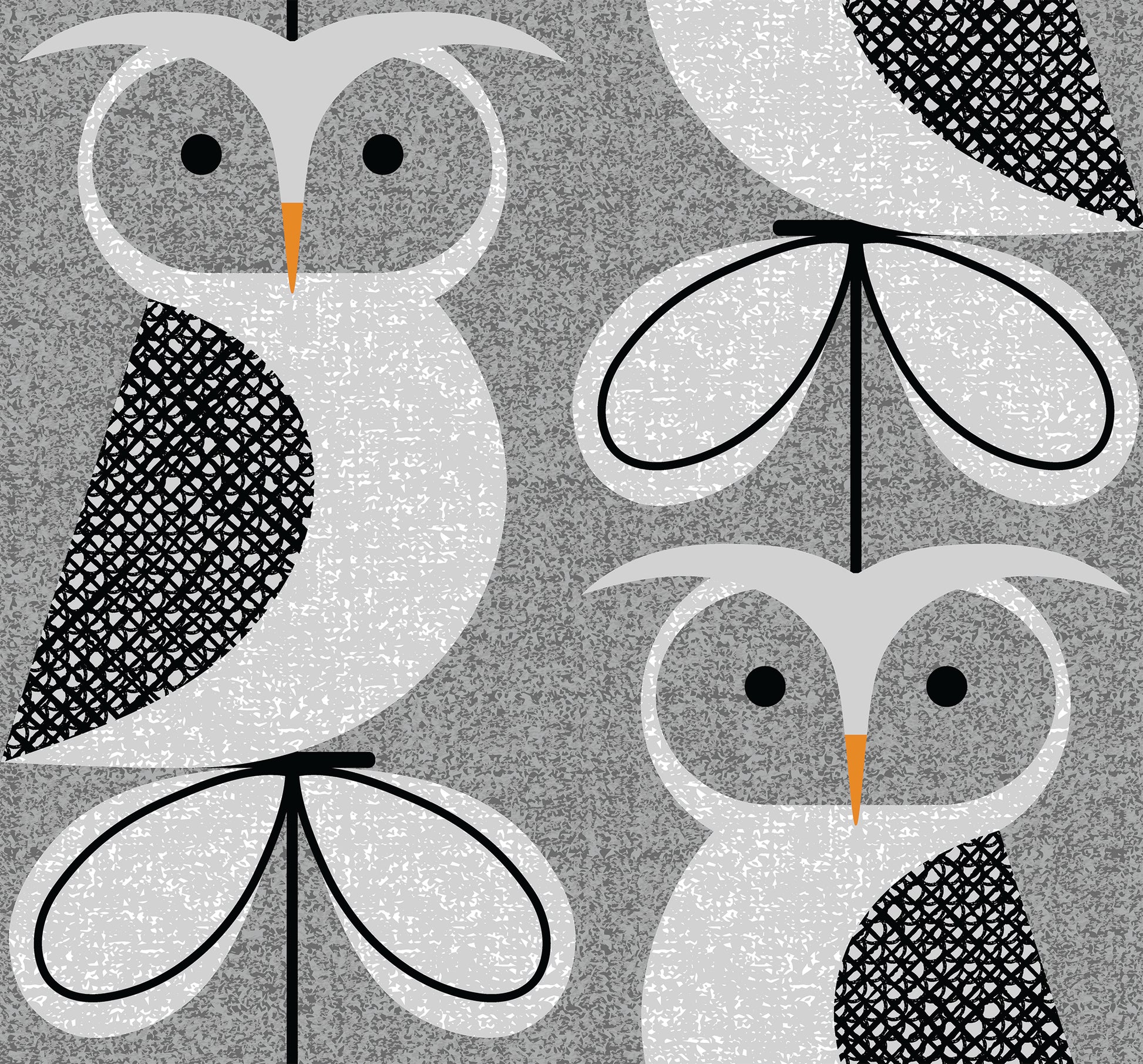 Owl illustrations on a textured gray background