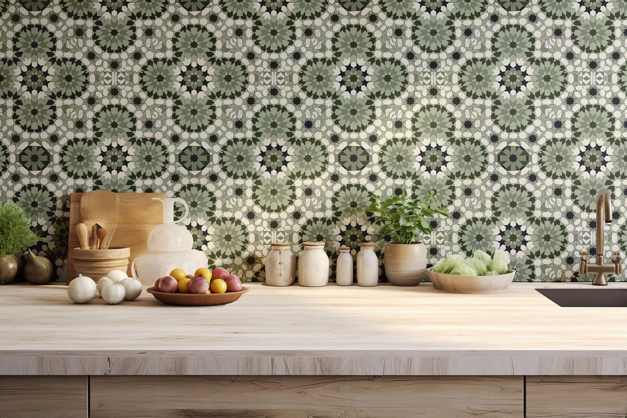 Kitchen counter with decorative tiles and a patterned wall