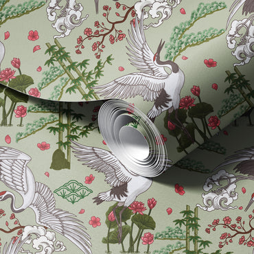 Serene Crane in Japanese Garden Wallpaper.