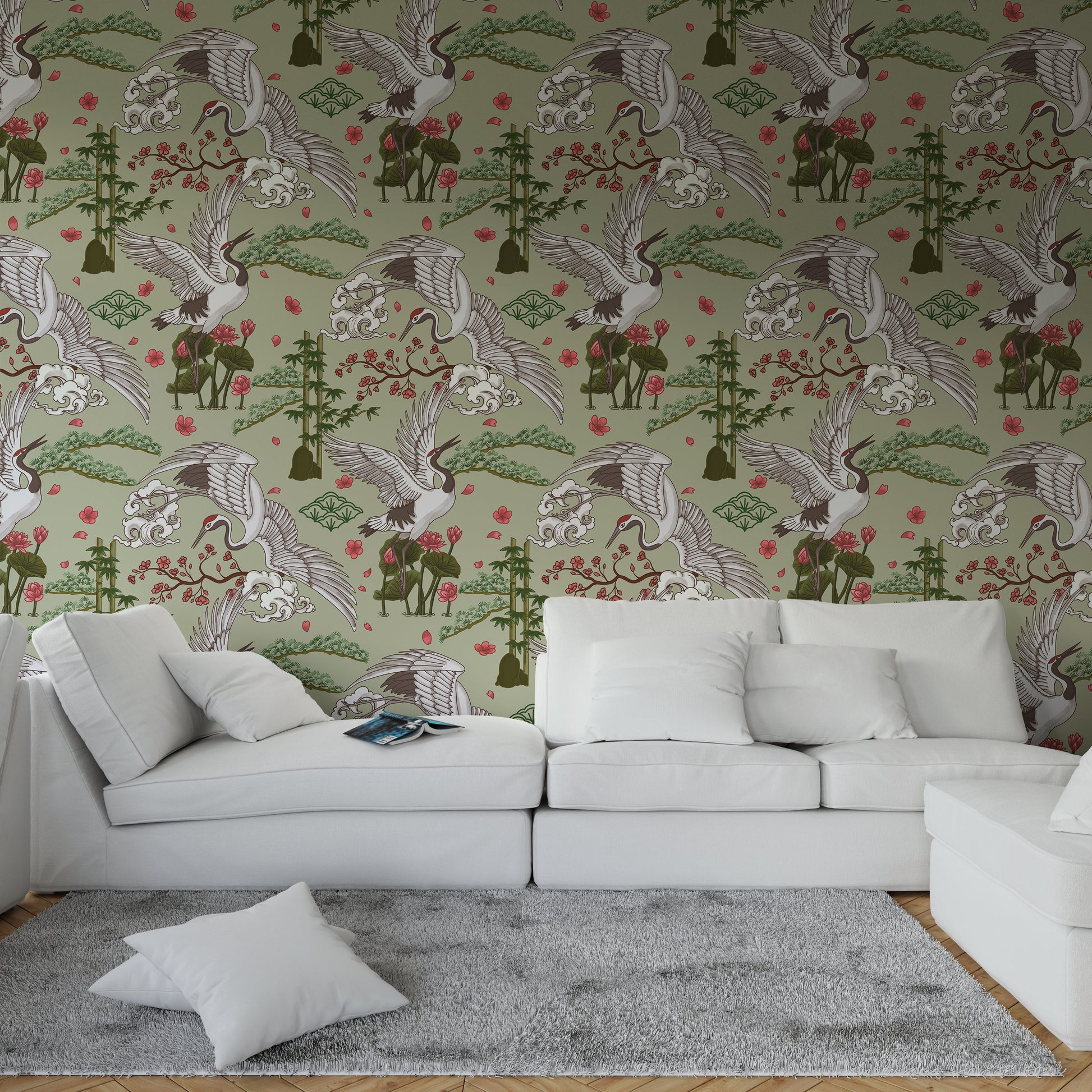 Serene Crane in Japanese Garden Wallpaper.
