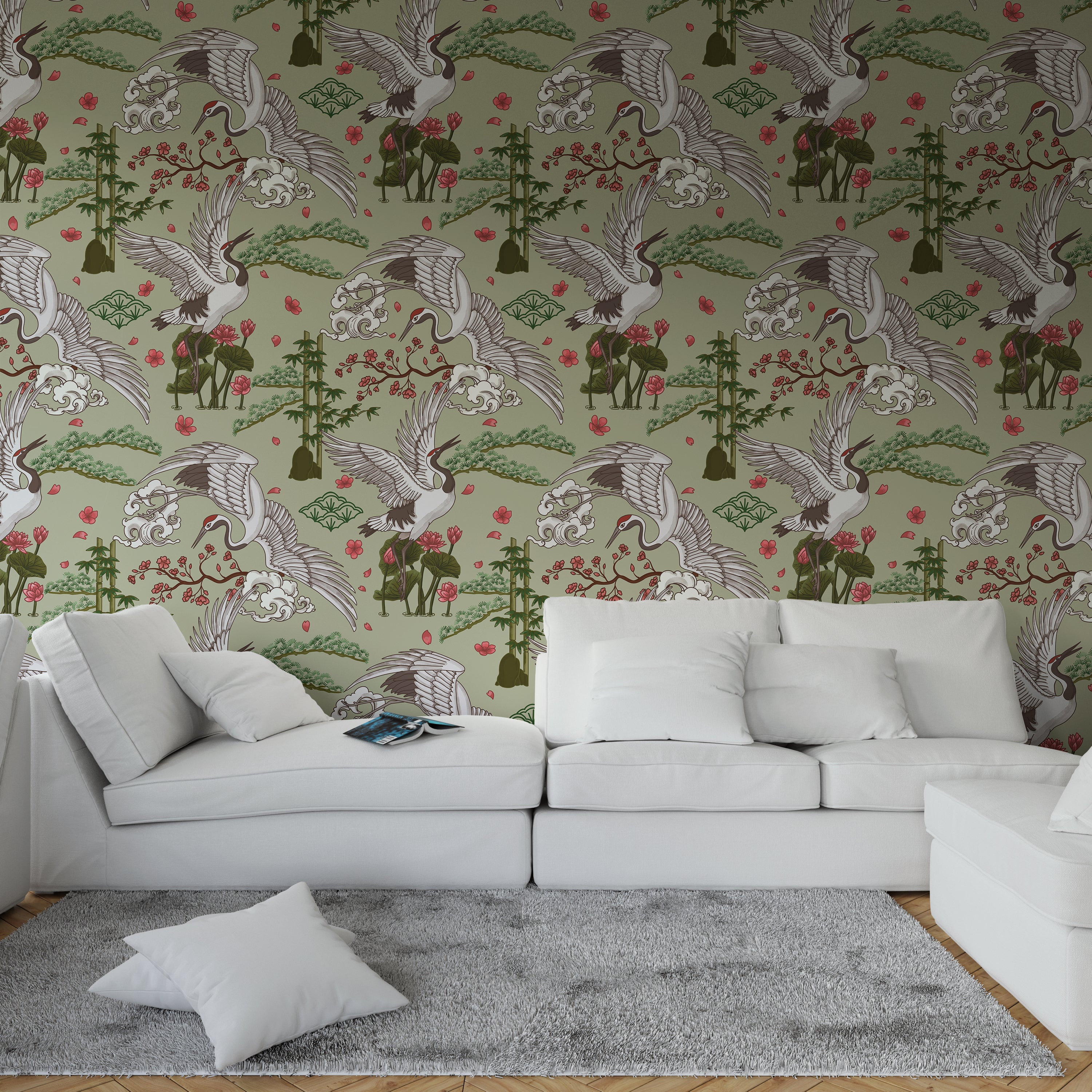 Serene Crane in Japanese Garden Wallpaper.