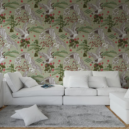Serene Crane in Japanese Garden Wallpaper.