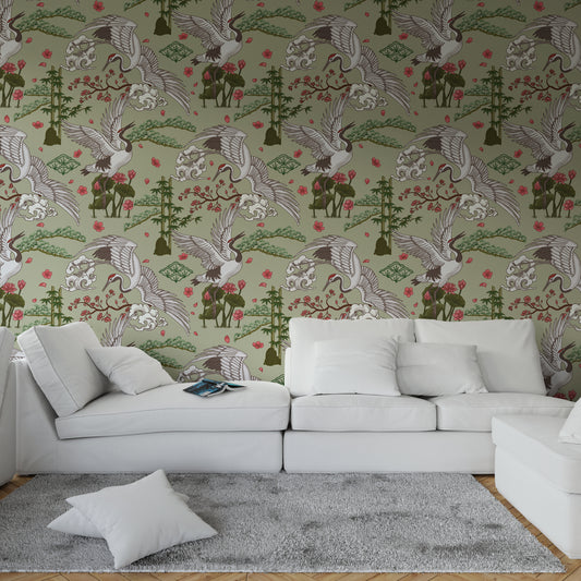 Serene Crane in Japanese Garden Wallpaper.