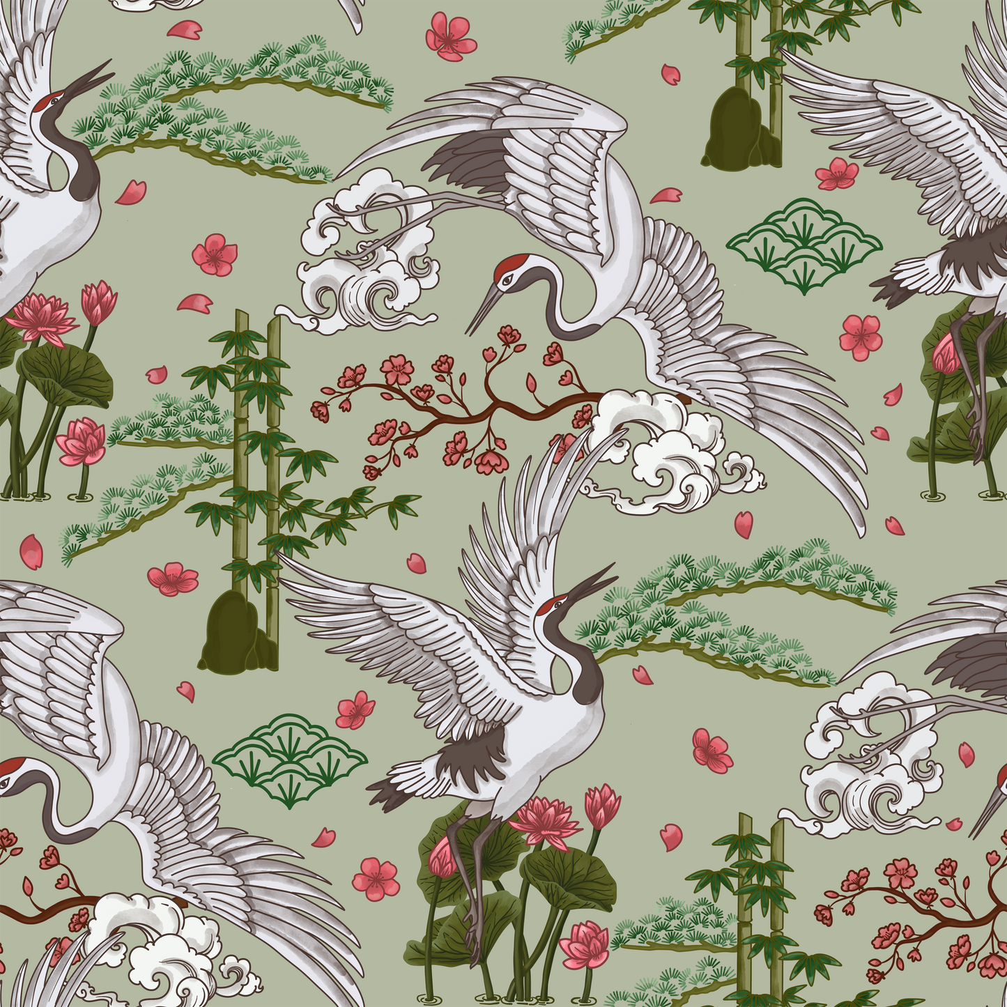 Serene Crane in Japanese Garden Wallpaper.