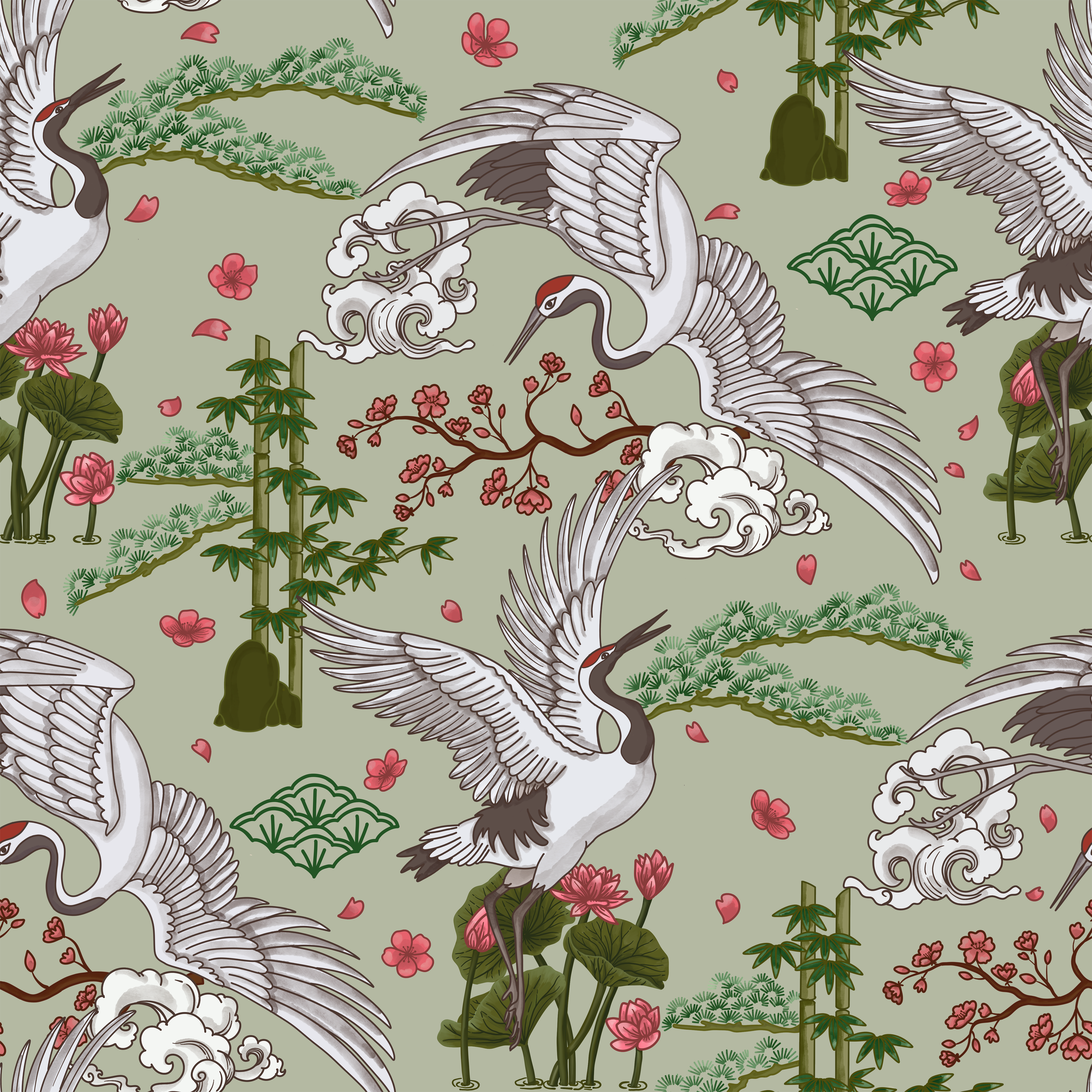 Serene Crane in Japanese Garden Wallpaper.