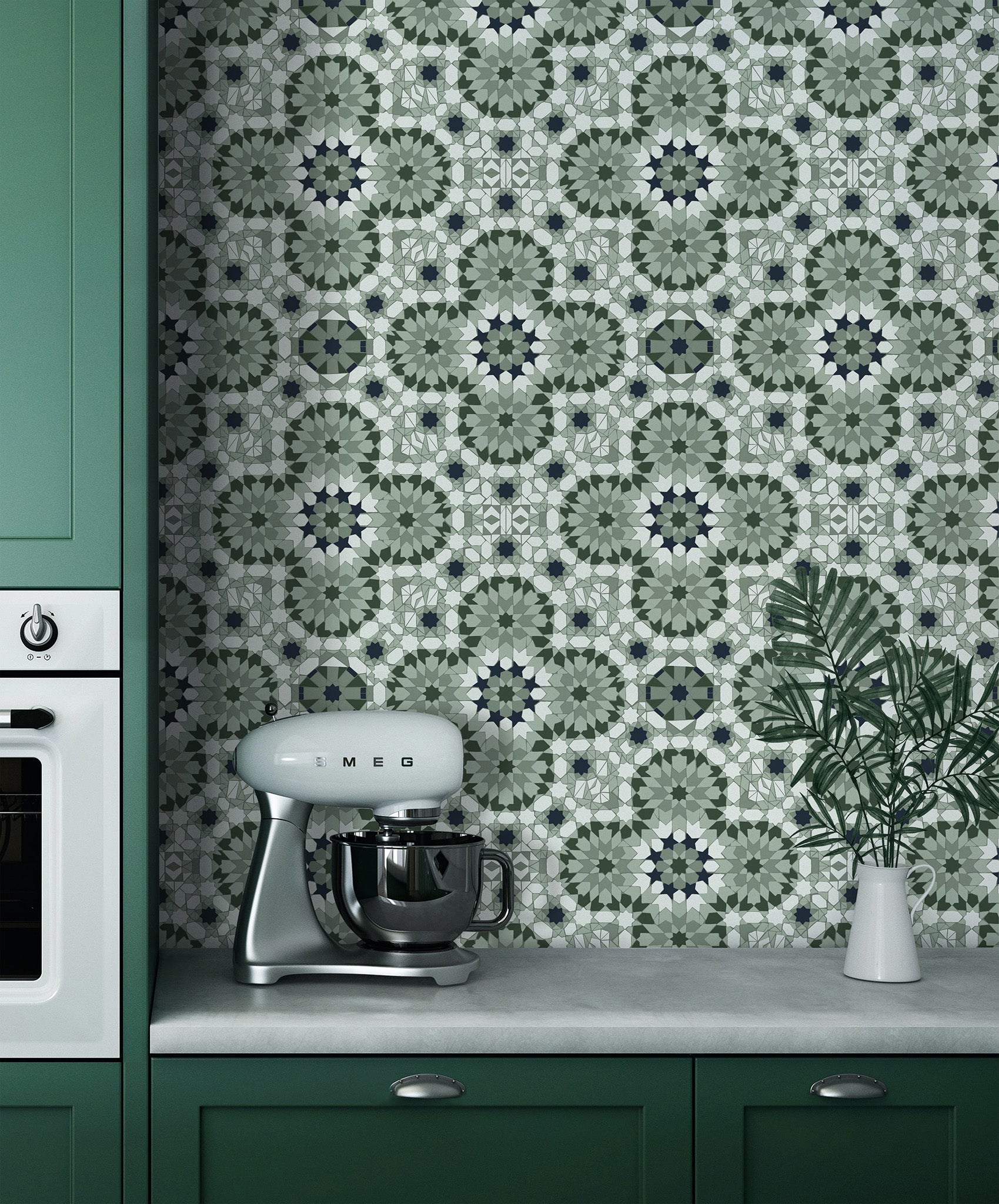 Kitchen with green patterned wall tiles, Smeg mixer, and oven.