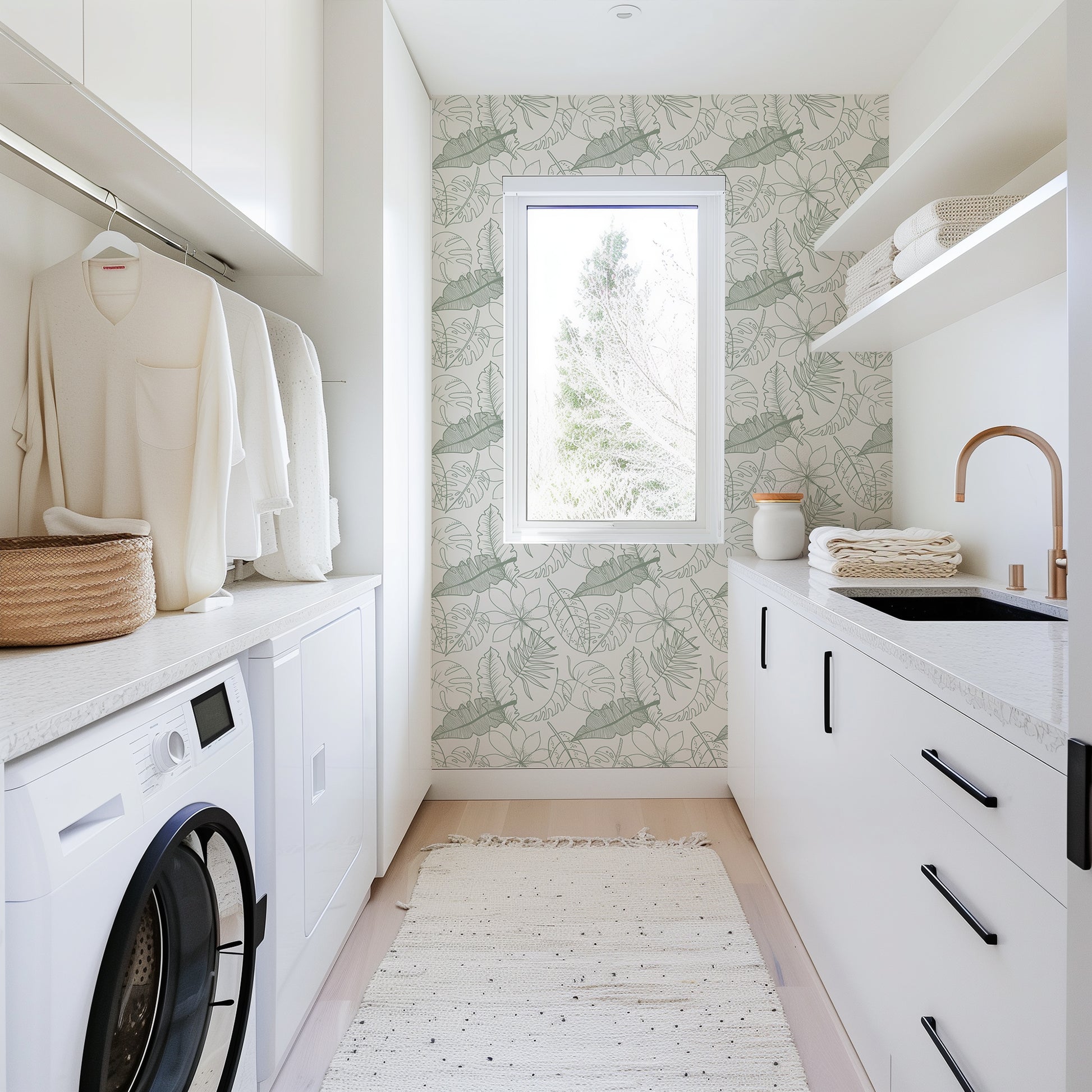 Hand Drawn Tropical Leaves peel and stick wallpaper room mockup