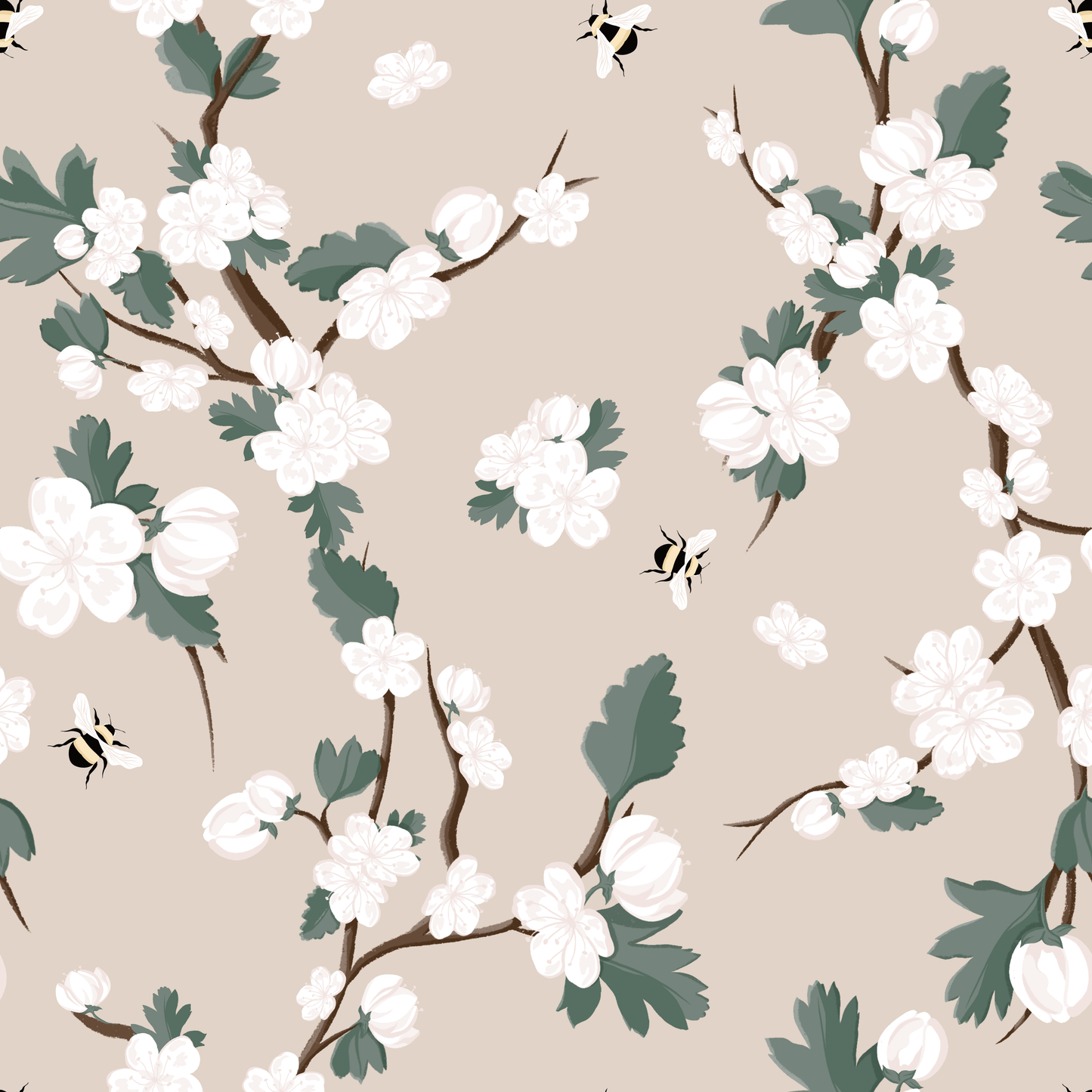 Hawthorn Flowers and Bees Wallpaper