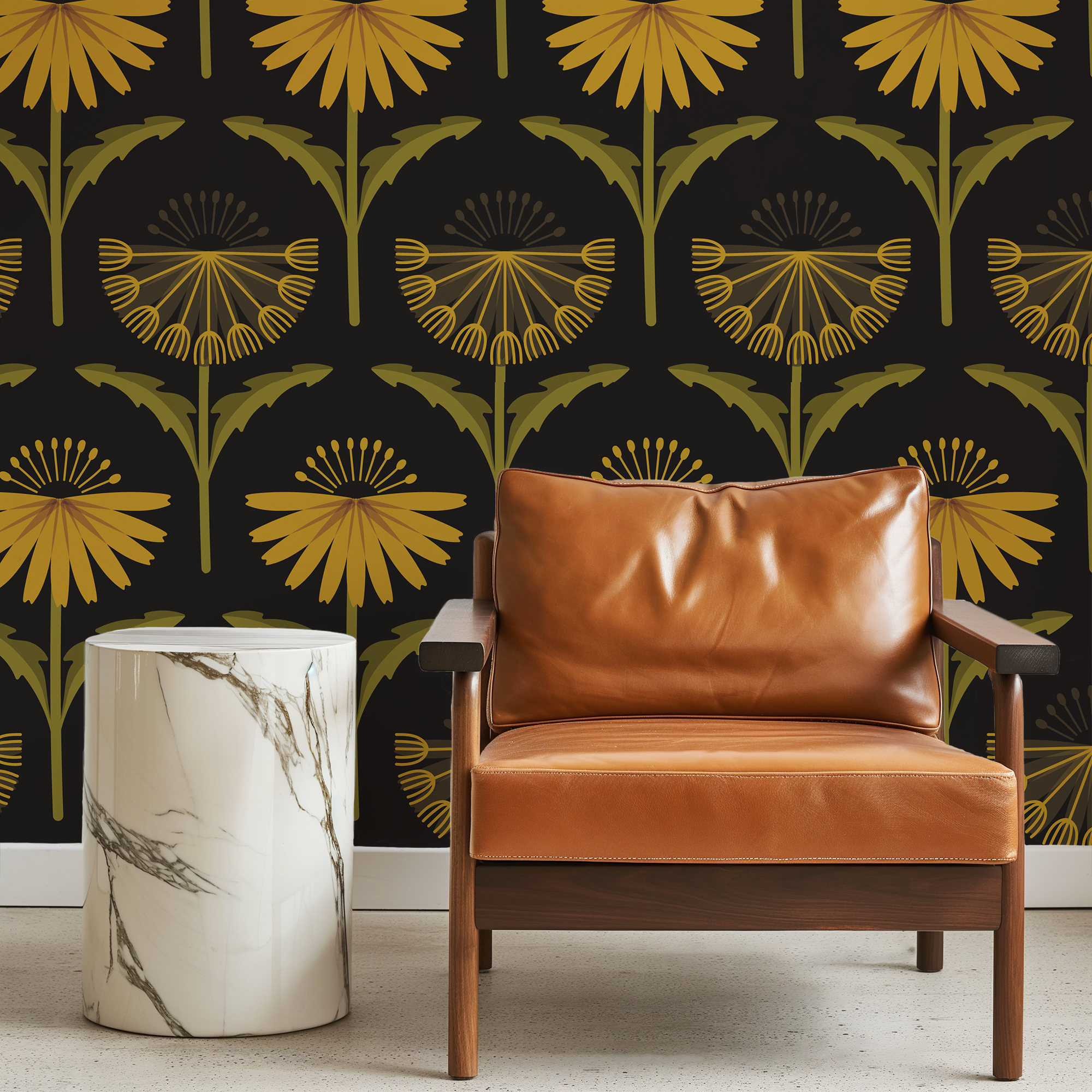 Hope Dandelion Black peel and stick wallpaper room mockup