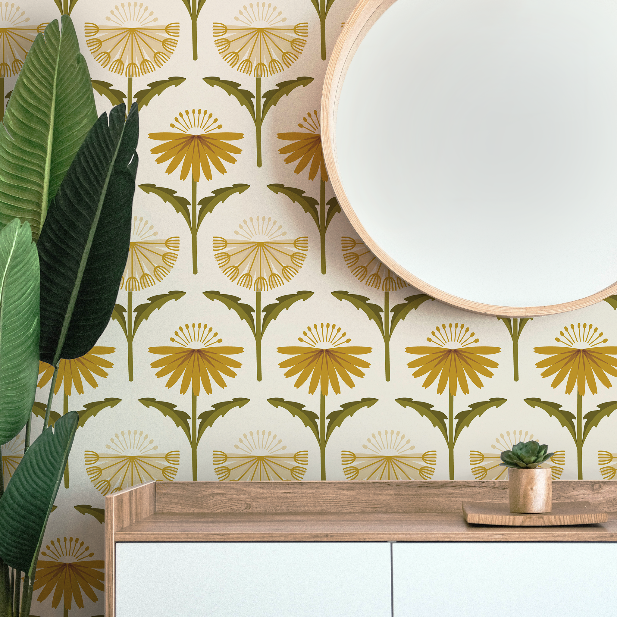 Wallpaper with floral pattern, wooden console table, and decorative items.