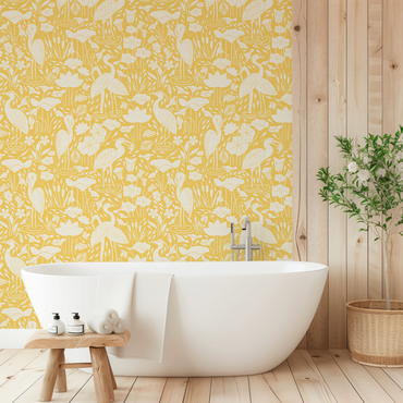 Herons By the Lake in Yellow peel and stick wallpaper room mockup