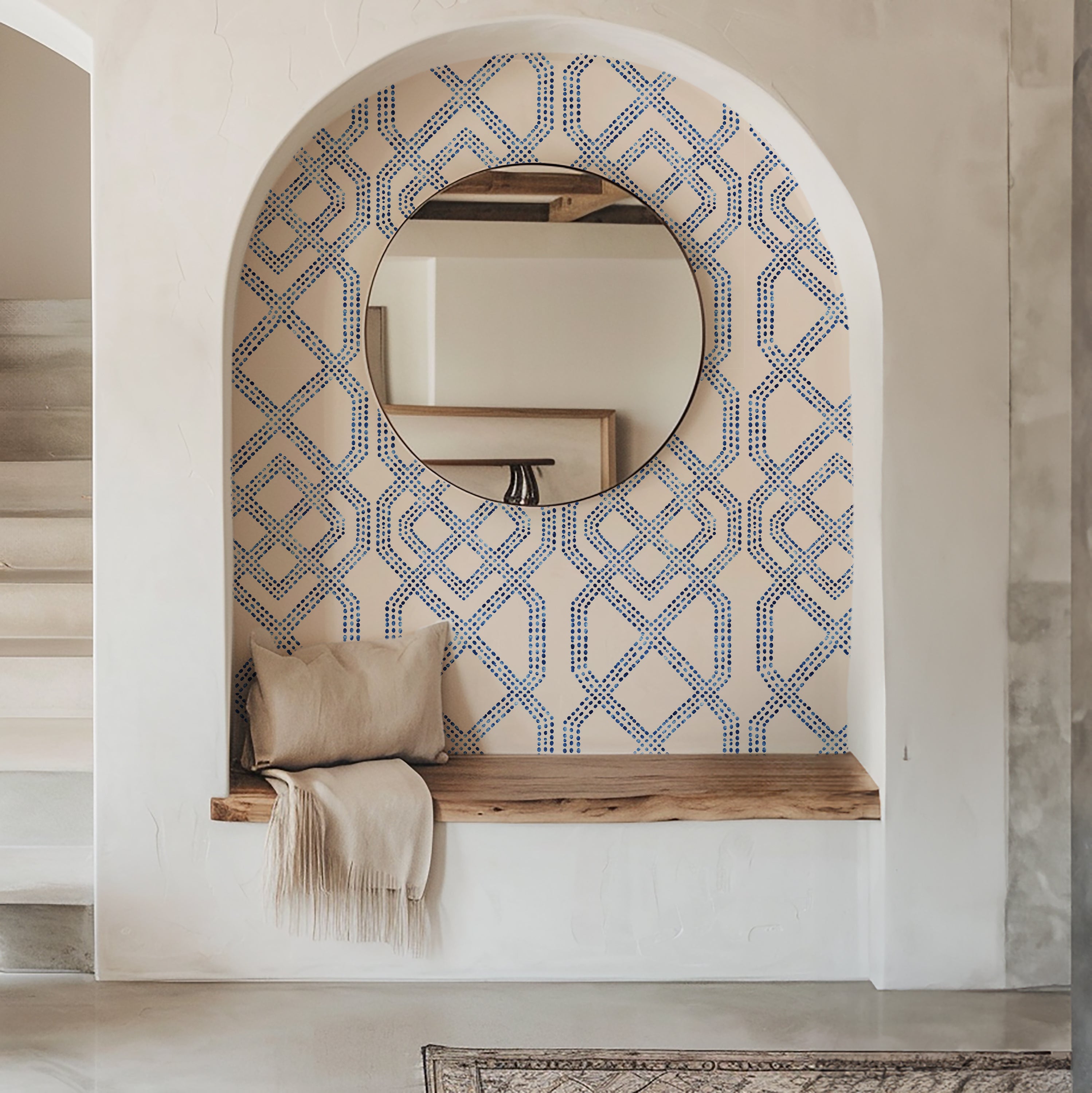 Indigo Links blue geometric peel and stick wallpaper with dotted interlocking pattern