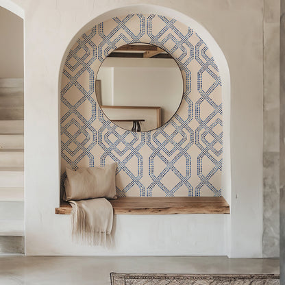 Indigo Links blue geometric peel and stick wallpaper with dotted interlocking pattern