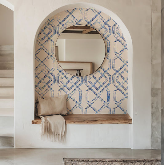 Indigo Links blue geometric peel and stick wallpaper with dotted interlocking pattern
