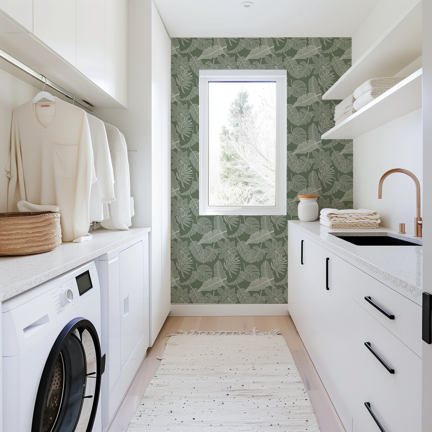 Hand Drawn Tropical Leaves peel and stick wallpaper room mockup
