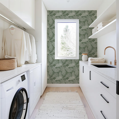 Hand Drawn Tropical Leaves peel and stick wallpaper room mockup