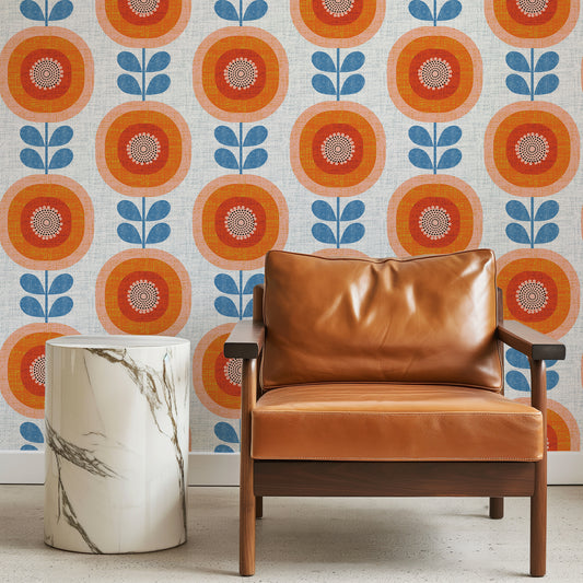 Mid-Century Sunflowers in Orange Wallpaper