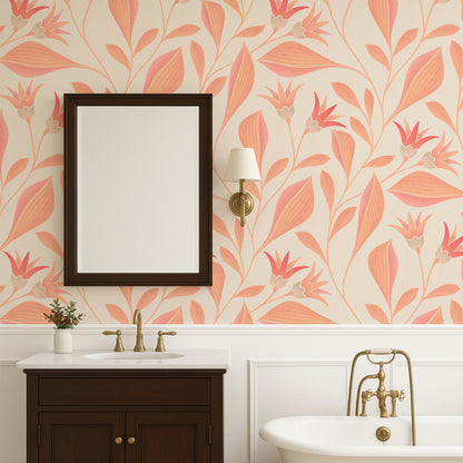 Bathroom with floral wallpaper, sink, and mirror