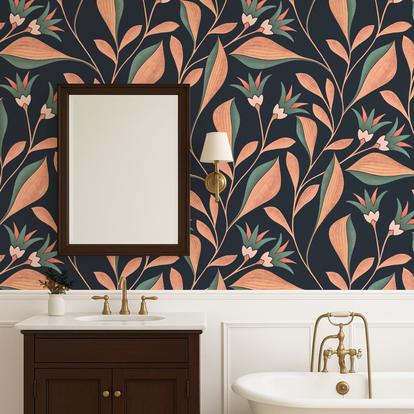 Bathroom with floral wallpaper, sink, and mirror.